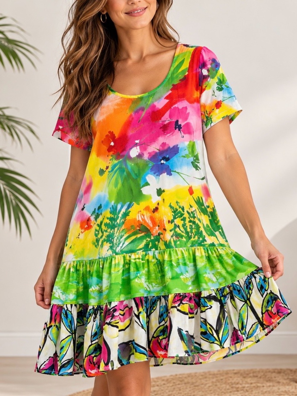 Jams World Hattie Watercolor Floral 100% Rayon Ruffle Hem Dress L Hawaii